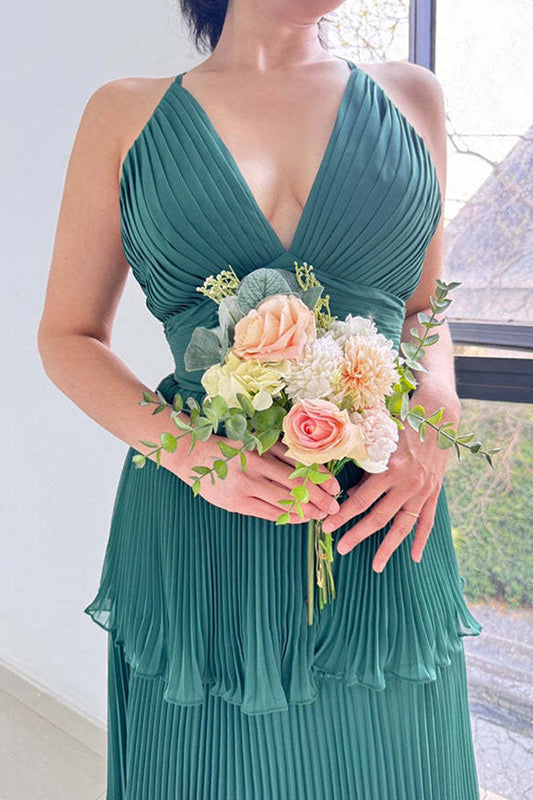 Dark Green Halter A-Line Tiered Chiffon Bridesmaid Dress