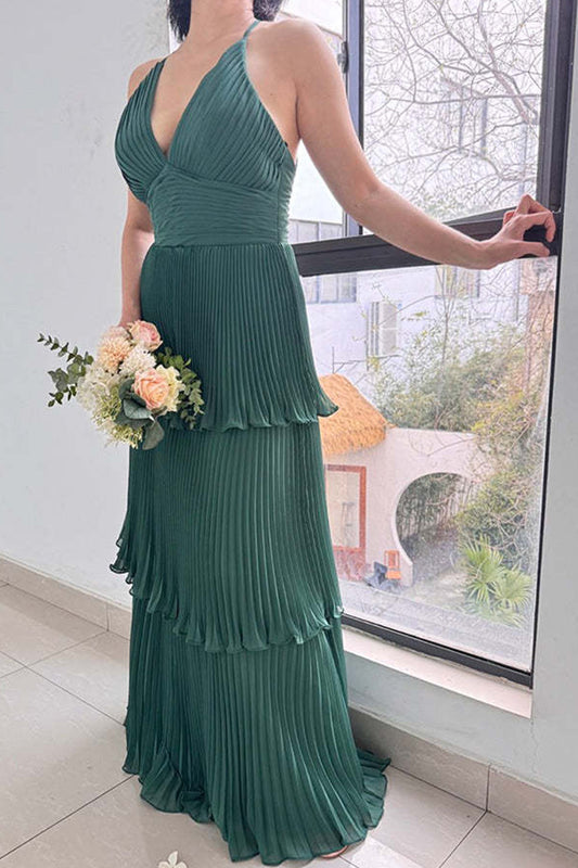 Dark Green Halter A-Line Tiered Chiffon Bridesmaid Dress