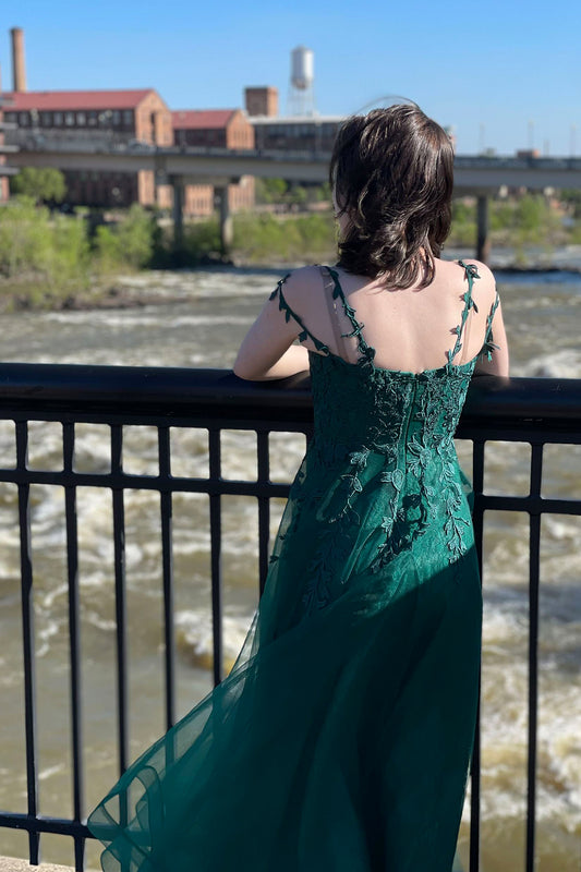 Dark Green A Line Spaghetti Straps Long Prom Dress with Appliques