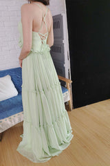 Green Halter Ruffles Chiffon A Line Bridesmaid Dress