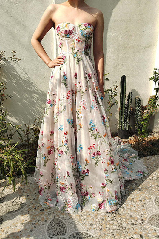 A-Line Sweetheart Corset Embroidered Flower Prom Dress