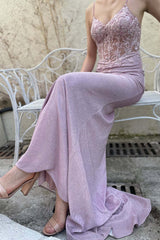 Pink Mermaid Spaghetti Straps Corset Lace Appliques Long Prom Dress