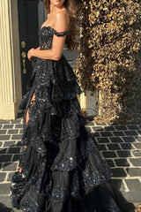 Gold Prom Dress Off The Shoulder Tiered Lace Evening Dress