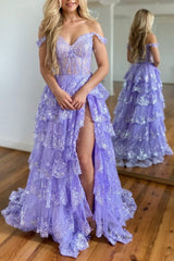 Lilac Prom Dress Off The Shoulder Tiered Lace Evening Dress