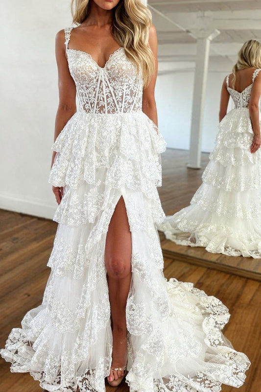 Ivory Wedding Dress Off The Shoulder Tiered Lace Bridal Dress