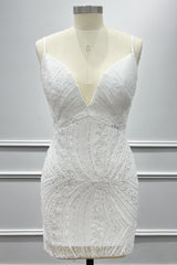 White Sequin Homecoming Dress Spaghetti Straps Bodycon Short Cocktail Dress