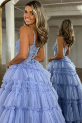 Blue Spaghetti Straps Prom Dress Tulle A Line Tiered Evening Dress