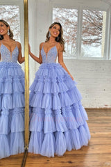 Blue Spaghetti Straps Prom Dress Tulle A Line Tiered Evening Dress