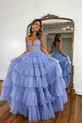 Blue Spaghetti Straps Prom Dress Tulle A Line Tiered Evening Dress