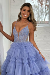 Blue Spaghetti Straps Prom Dress Tulle A Line Tiered Evening Dress