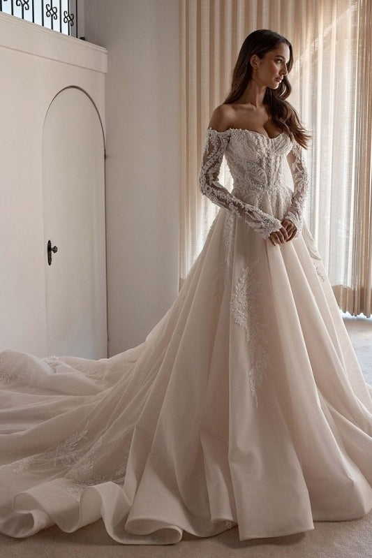 Ivory Tulle Wedding Dress A Line Long Sleeves Corset Bridal Dress