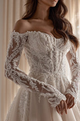 Ivory Tulle Wedding Dress A Line Long Sleeves Corset Bridal Dress