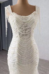 Ivory Mermaid Wedding Dress Tulle Bridal Dress with Imitation Pearls