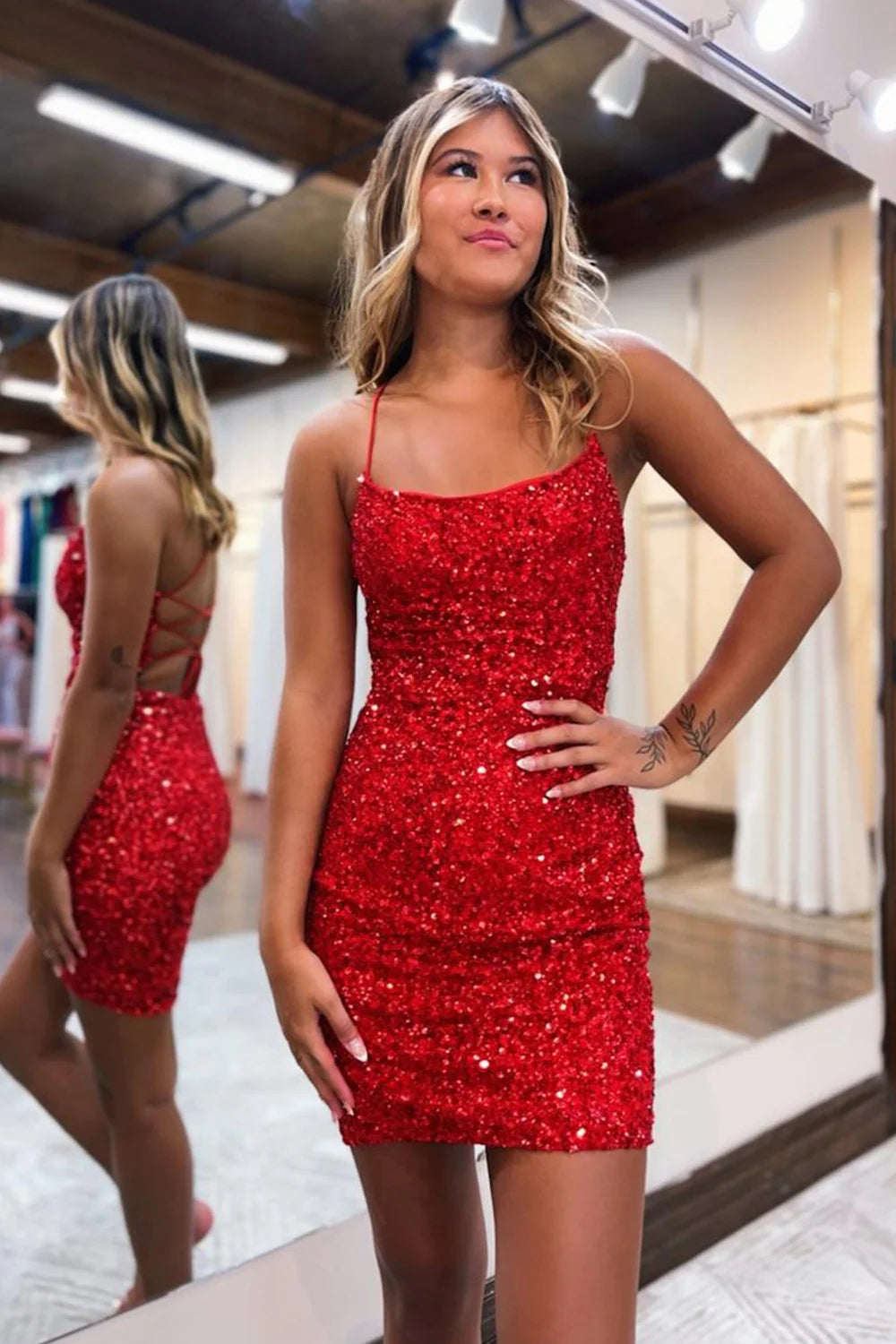 Orange Spaghetti Straps Backless Sequins Tight Homecoming Dress