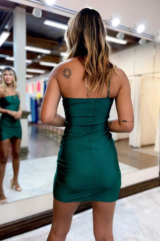 Dark Green One Shoulder Asymmetrical Tight Short Homecoming Dress