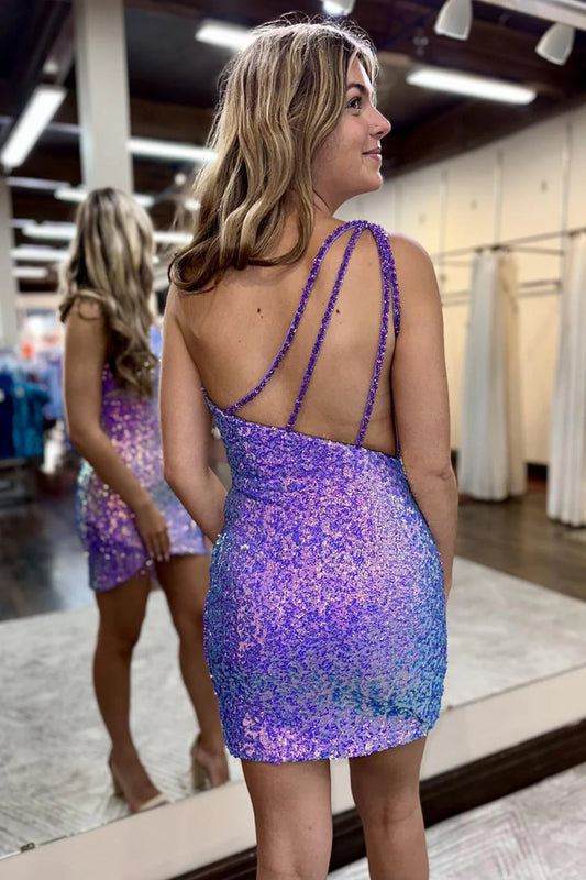 Sparkly Purple Sequins One Shoulder Tight Short Homecoming Dress with Fringes