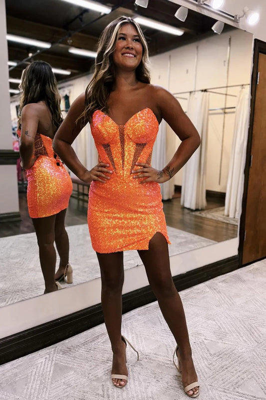 Sparkly Orange Corset Sweetheart Tight Short Homecoming Dress with Slit