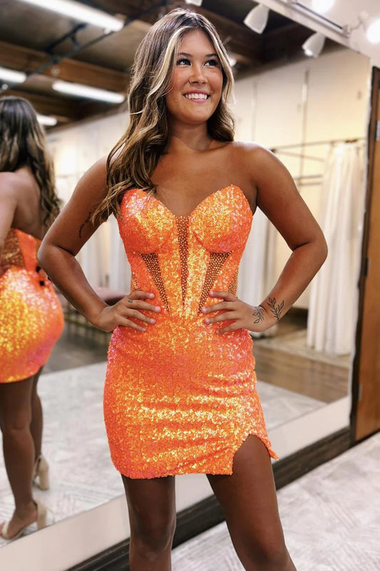 Sparkly Orange Corset Sweetheart Tight Short Homecoming Dress with Slit