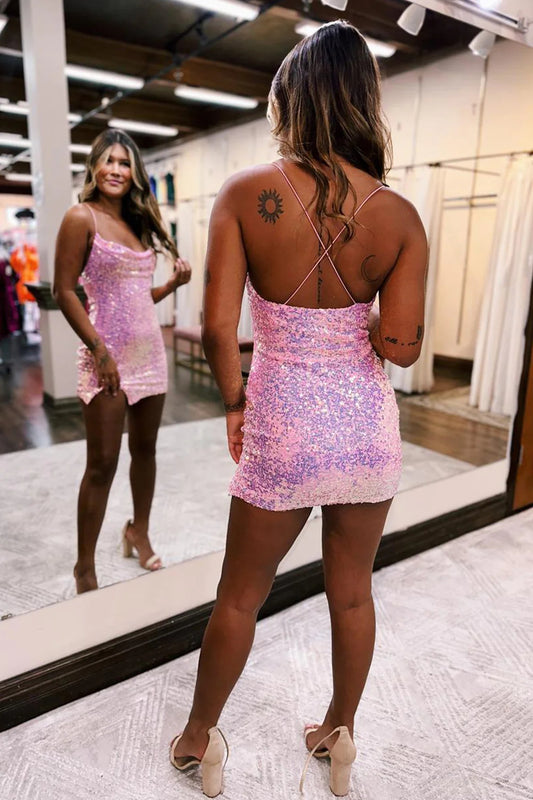 Sparkly Pink Tight Short Sequins Homecoming Dress with Slit