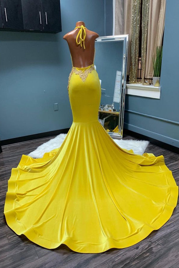 Halter Daffodil Evening Dress with Appliques and Long Mermaid Prom Dress