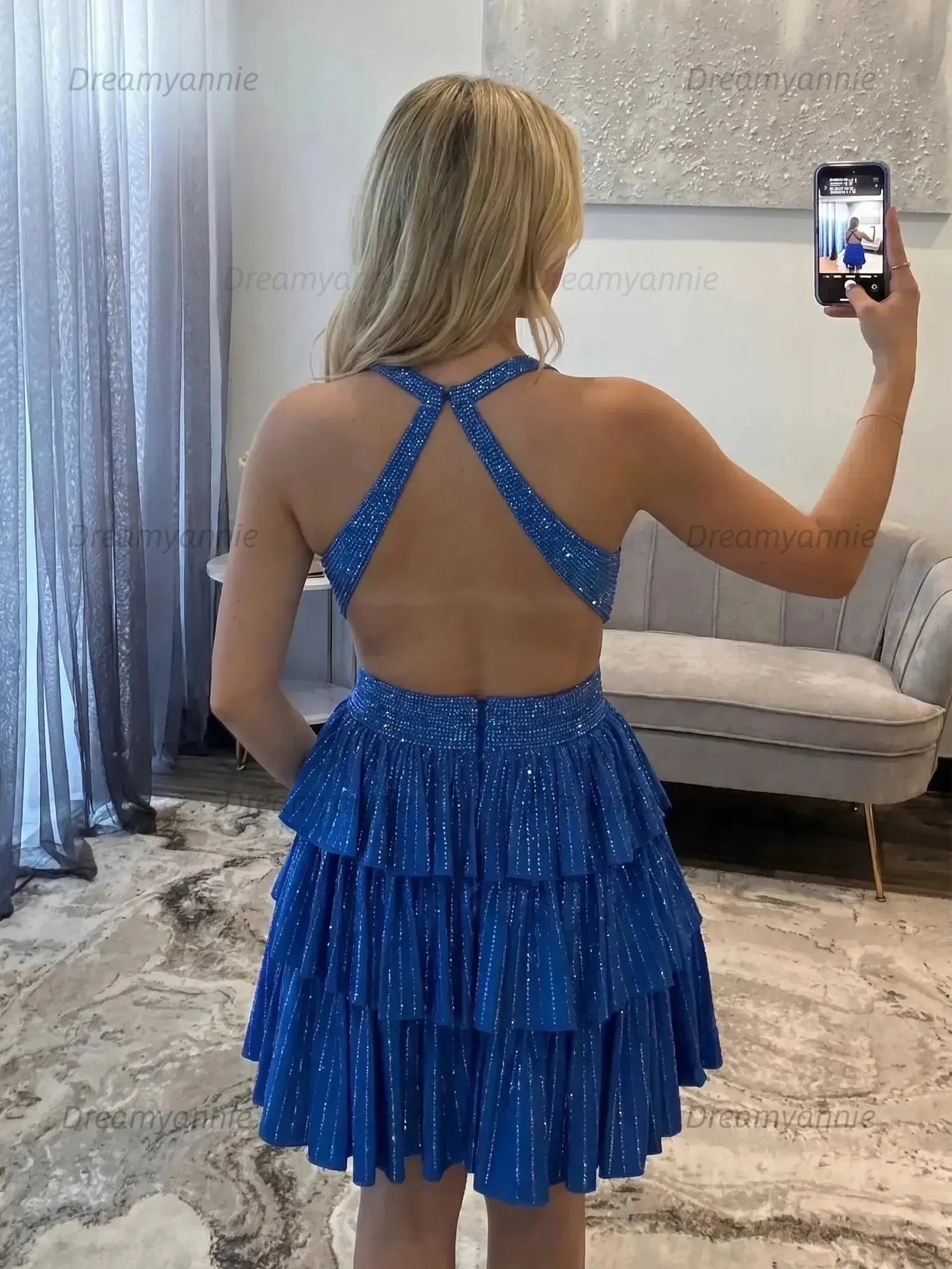 Halter Deep V-Neck Rhinestone Striped Tiered Ruffle Homecoming Dresses Mini Cocktail Dress