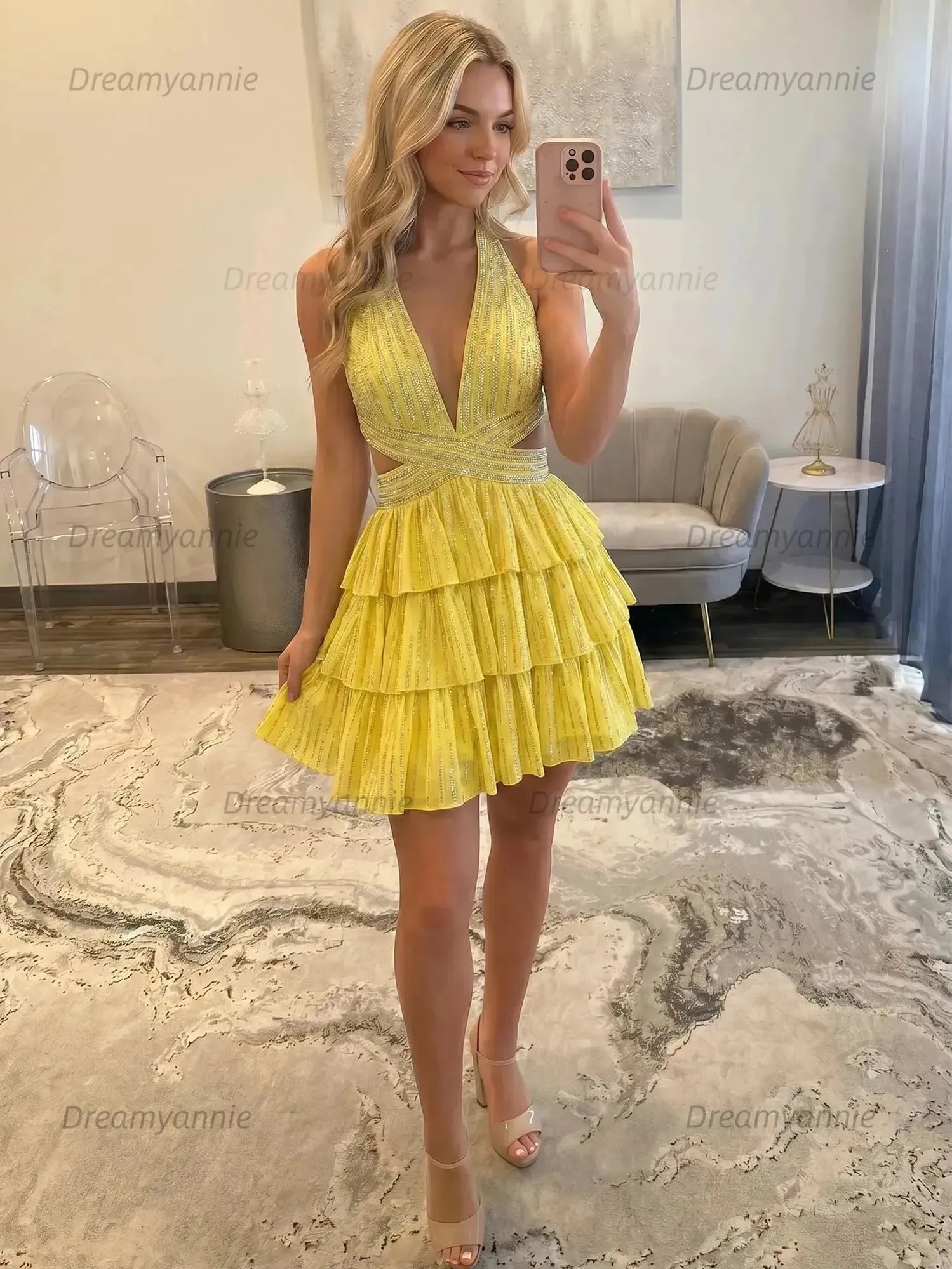 Halter Deep V-Neck Rhinestone Striped Tiered Ruffle Homecoming Dresses Mini Cocktail Dress
