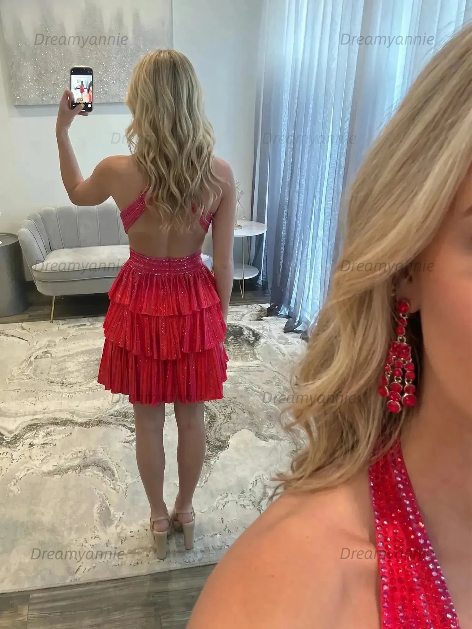 Halter Deep V-Neck Rhinestone Striped Tiered Ruffle Homecoming Dresses Mini Cocktail Dress