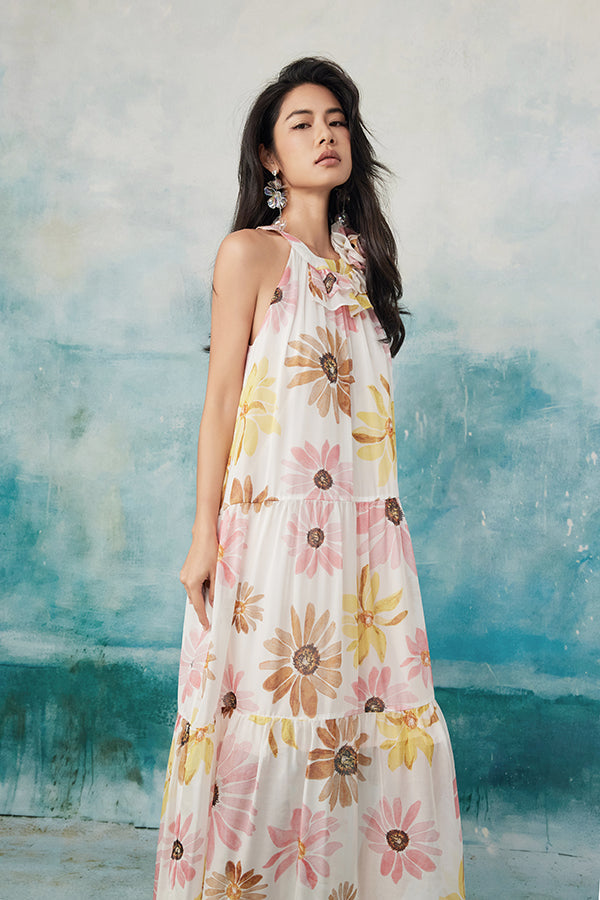Halter Floral Sleeveless Boho Maxi Summer Holiday Dress