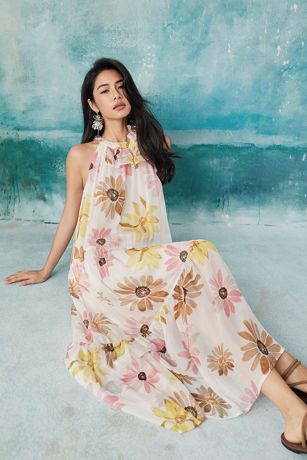 Halter Floral Sleeveless Boho Maxi Summer Holiday Dress