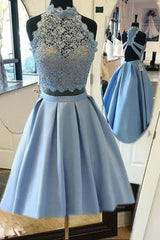 Halter Lace Blue Homecoming Dress Prom Dress