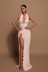 Halter lace mermaid prom dress in pearl pink with a scalloped plunge neckline and high slit