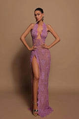 Halter lace mermaid prom dress in purple with a scalloped plunge neckline and high slit