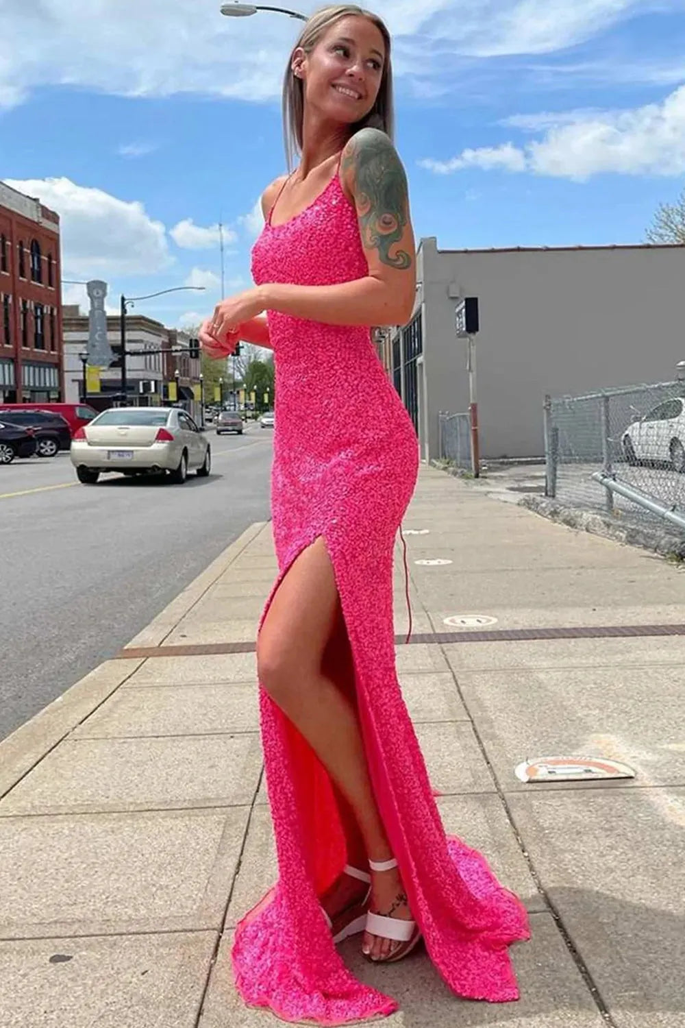 Halter Lace Up Back Sequin Prom Dress With Slit