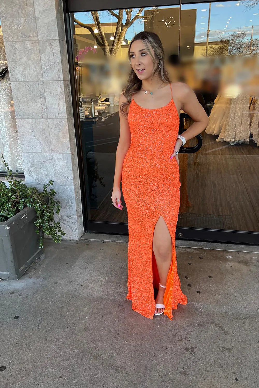 Halter Lace Up Back Sequin Prom Dress With Slit