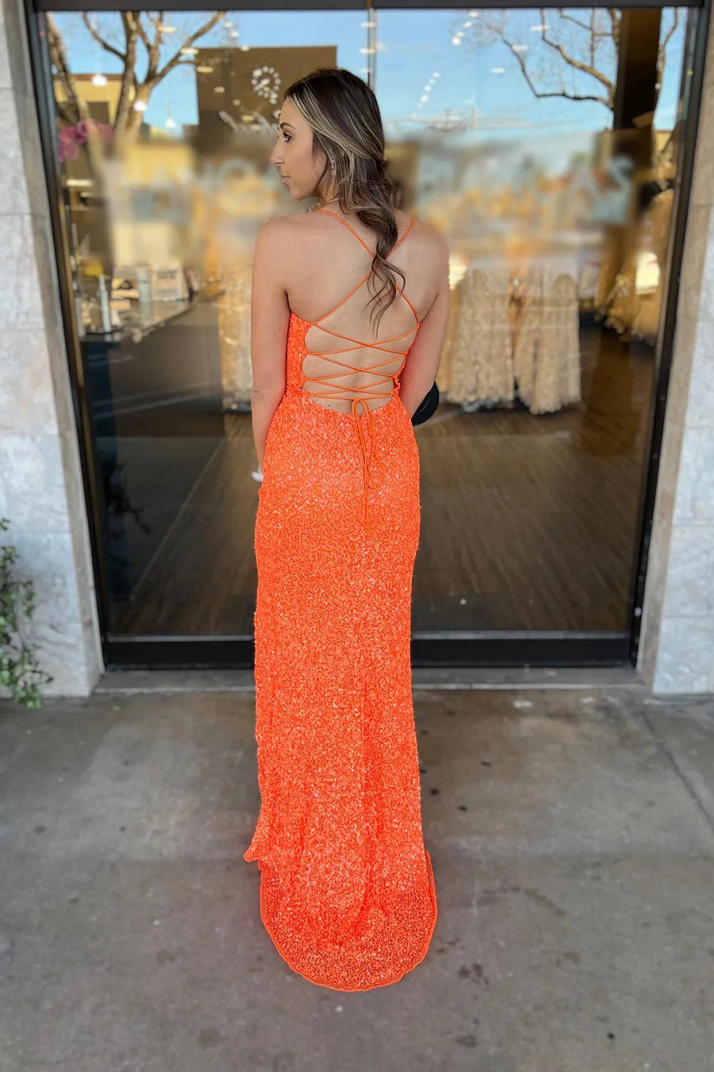 Halter Lace Up Back Sequin Prom Dress With Slit