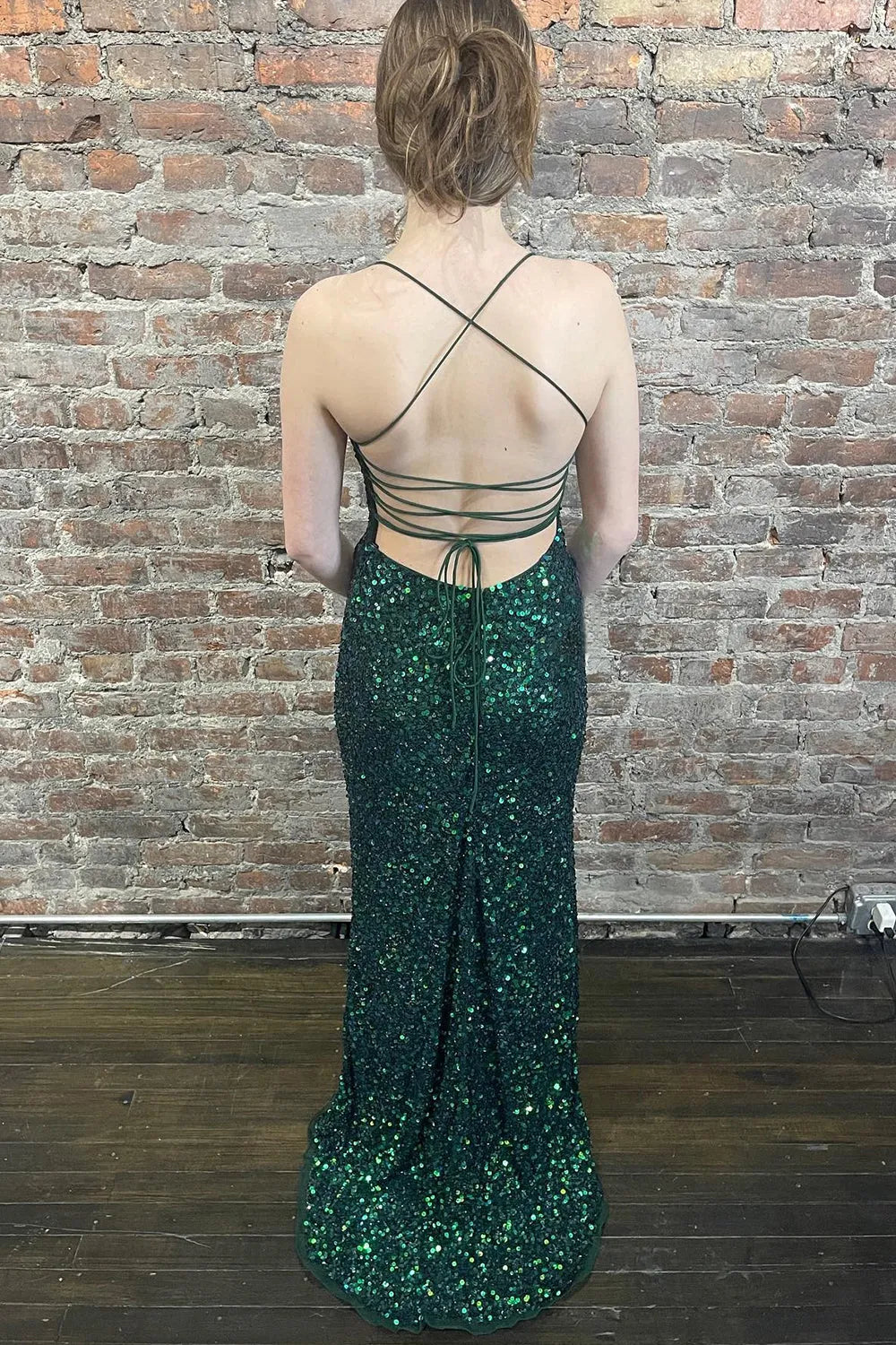 Halter Lace Up Back Sequin Prom Dress With Slit