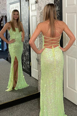 Halter Lace Up Back Sequin Prom Dress With Slit