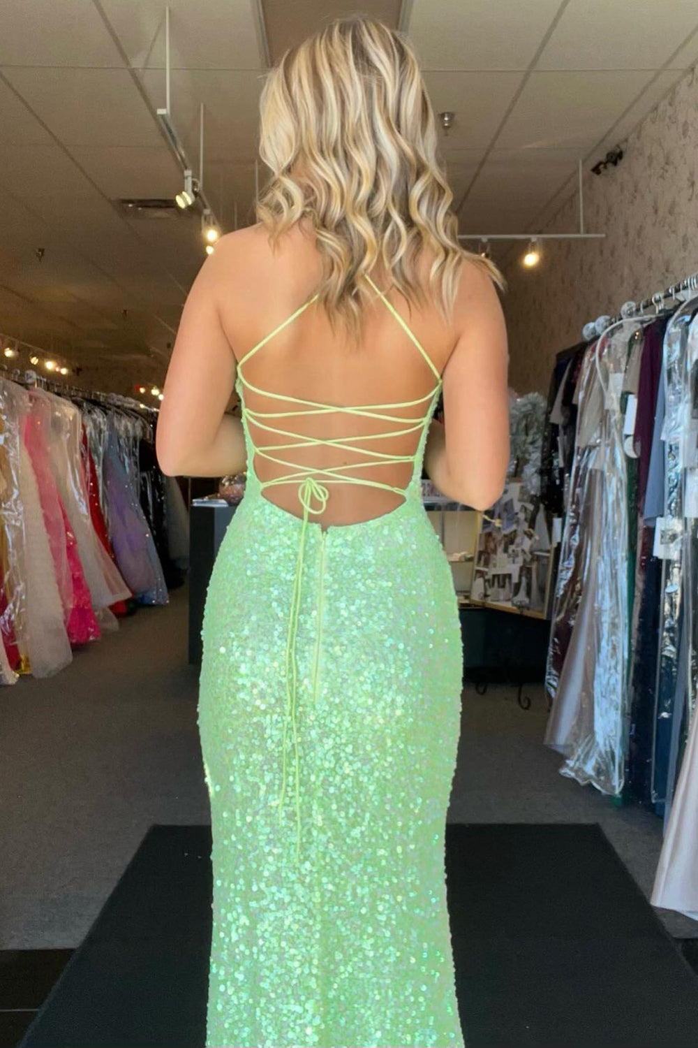 Halter Lace Up Back Sequin Prom Dress With Slit