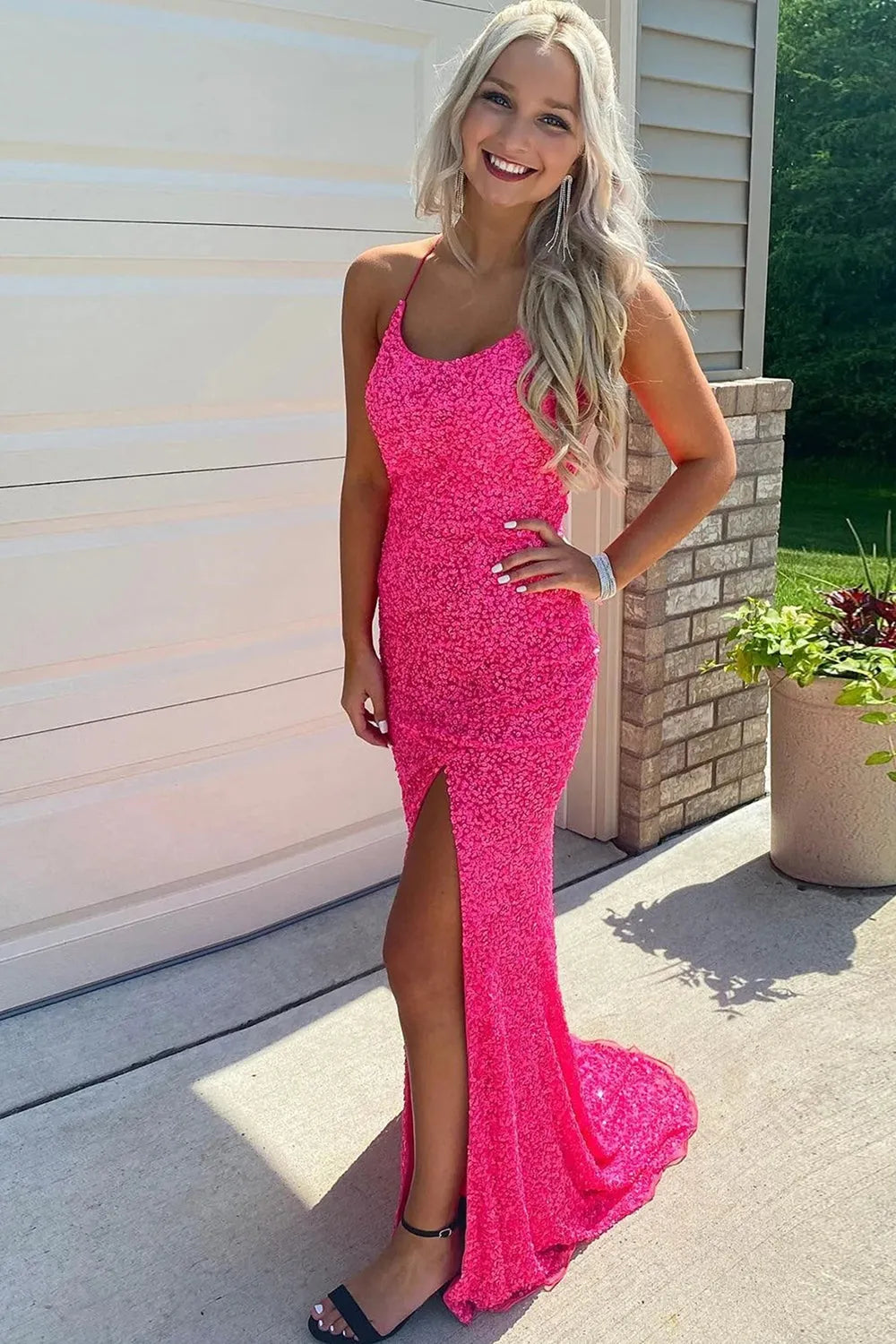 Halter Lace Up Back Sequin Prom Dress With Slit