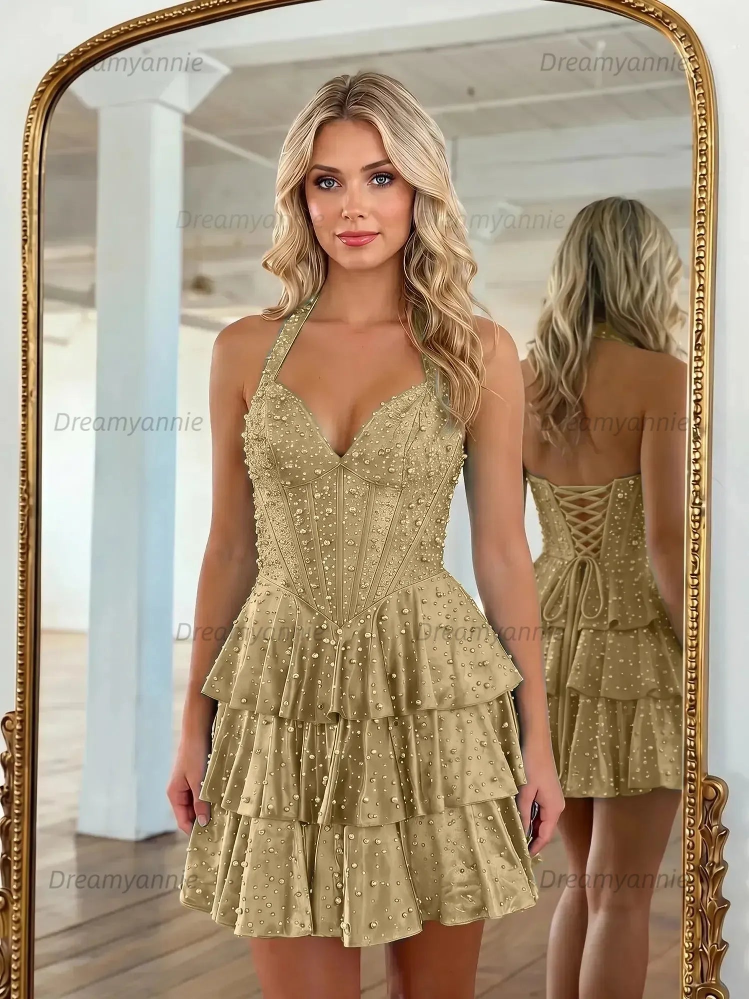 Halter Neck Pearl Beaded Tiered Short Homecoming Dresses