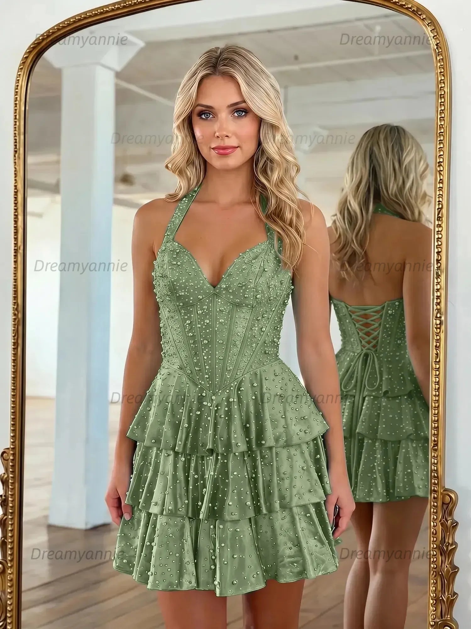 Halter Neck Pearl Beaded Tiered Short Homecoming Dresses
