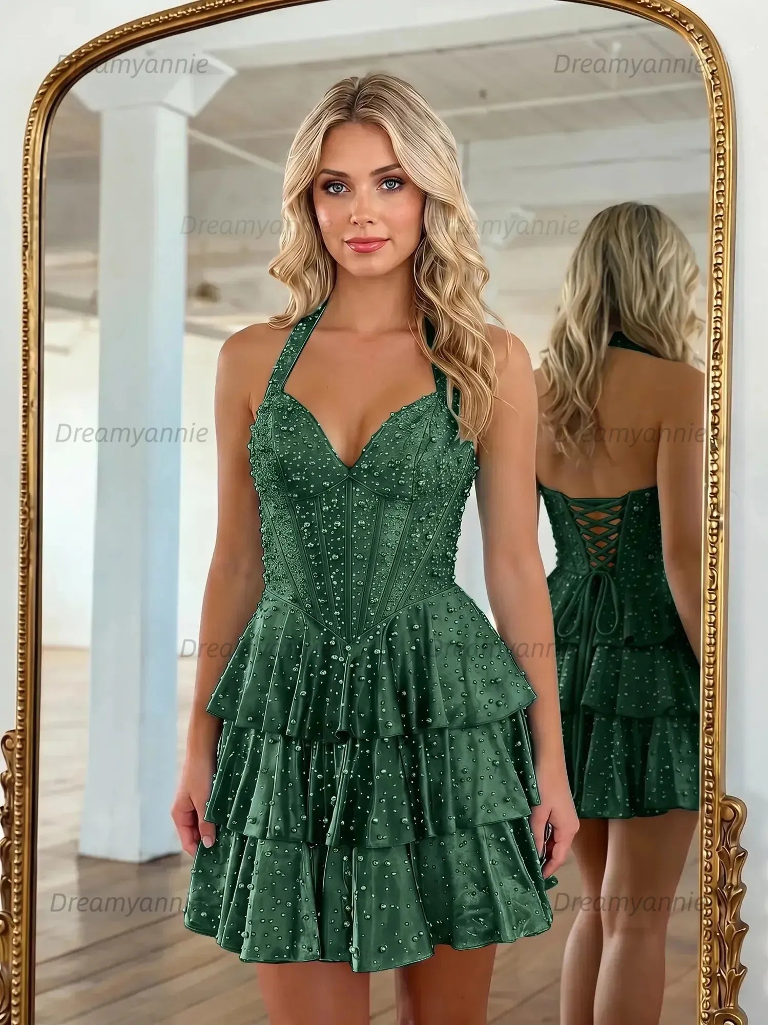 Halter Neck Pearl Beaded Tiered Short Homecoming Dresses