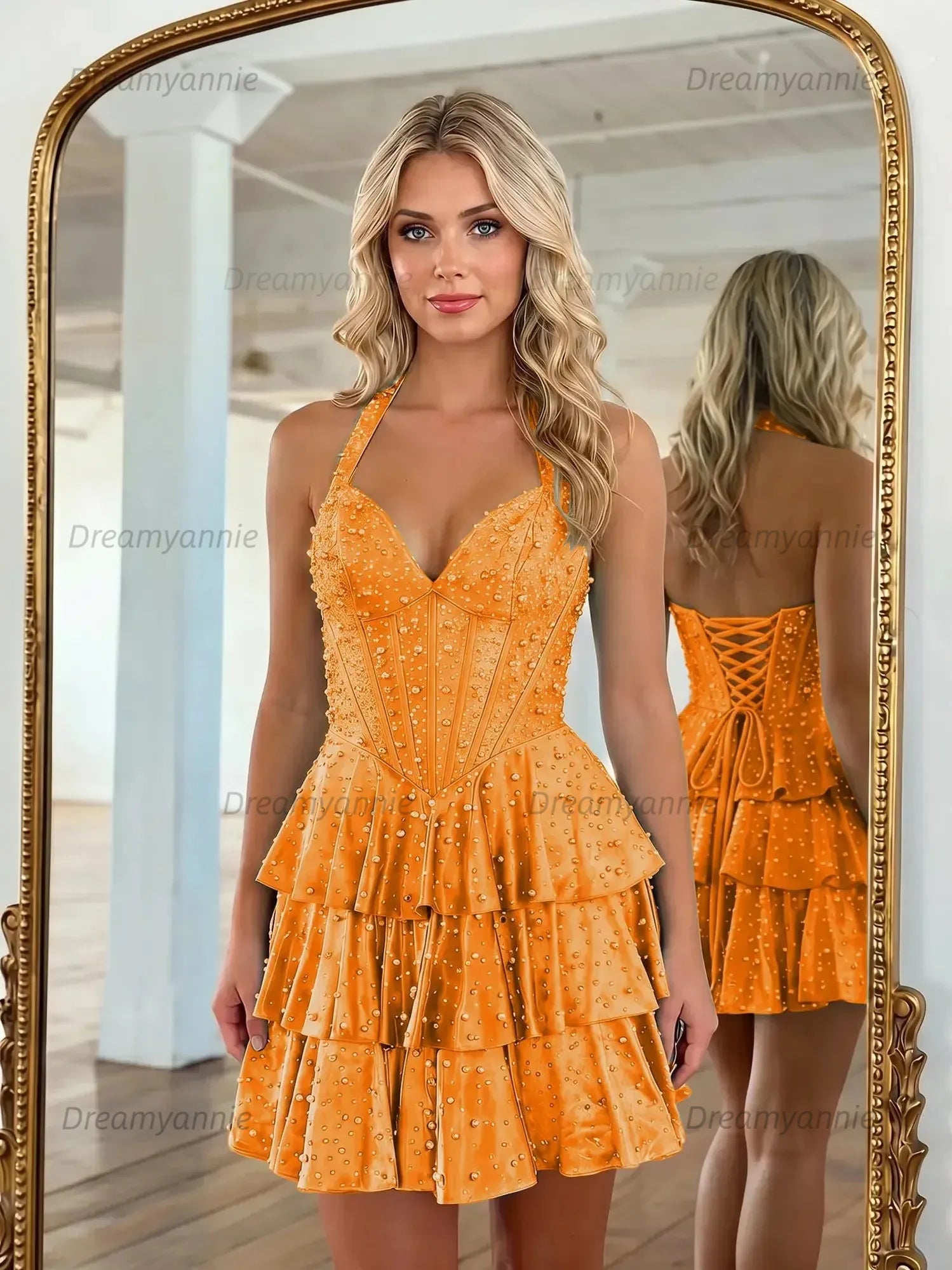 Halter Neck Pearl Beaded Tiered Short Homecoming Dresses