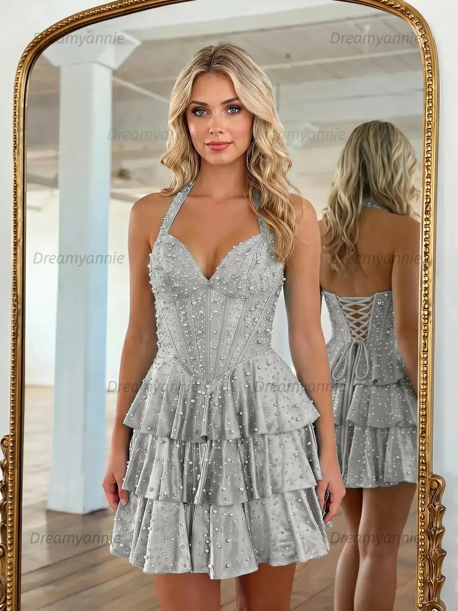 Halter Neck Pearl Beaded Tiered Short Homecoming Dresses