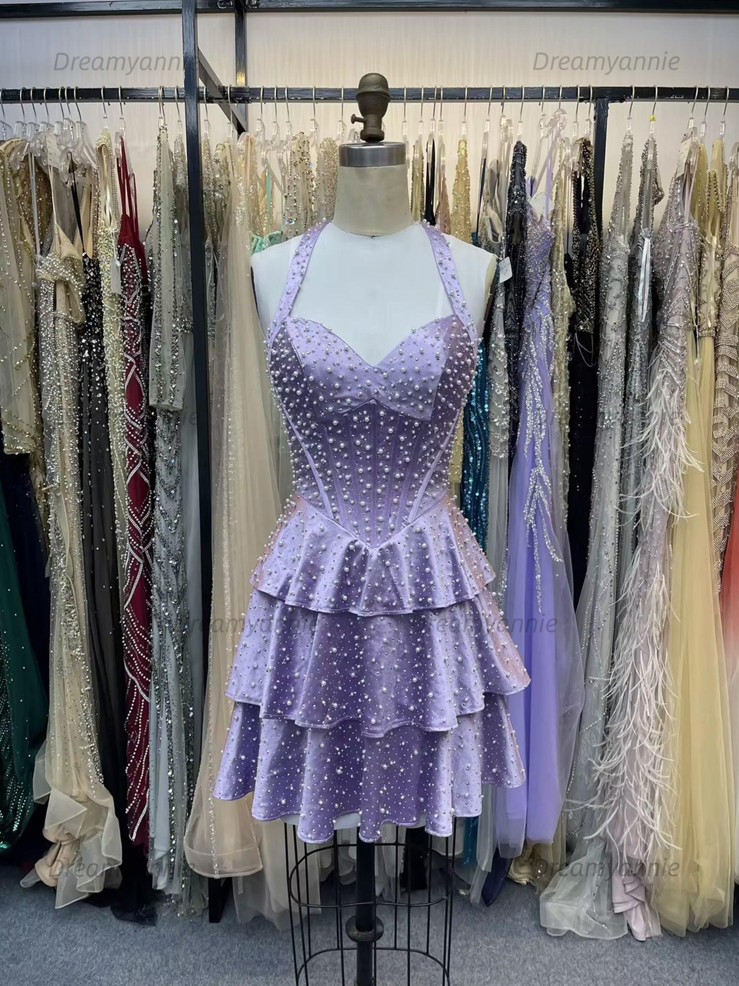 Halter Neck Pearl Beaded Tiered Short Homecoming Dresses