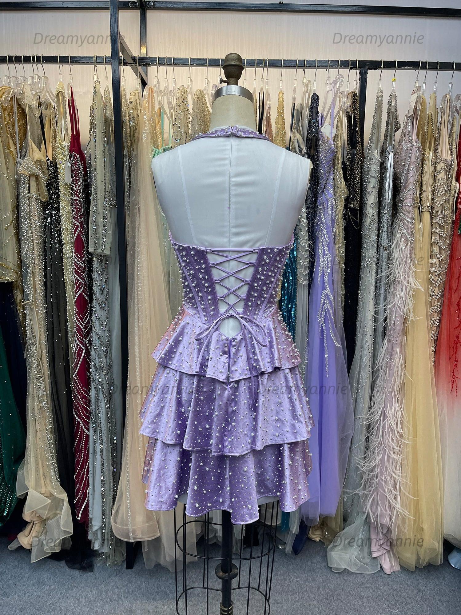 Halter Neck Pearl Beaded Tiered Short Homecoming Dresses