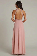 Dreamyannie Halter Neck Pink Wedding Guest Dress Beaded Long Formal Dress
