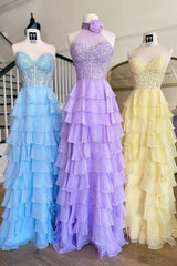 Halter Neck Prom Dress A Line Tiered Chiffon Long Formal Dress with Flower