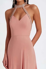 Halter Pink Wedding Guest Dress Ruched Long Formal Dress With Beading