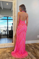 Halter Prom Dress Pink and Orange Mermaid Evening Dress with Slit